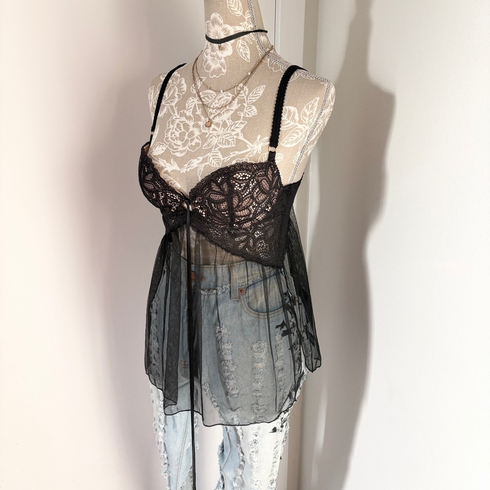 Victorias Secret Black Lace Sheer Mesh Babydoll Lingerie Top 34B